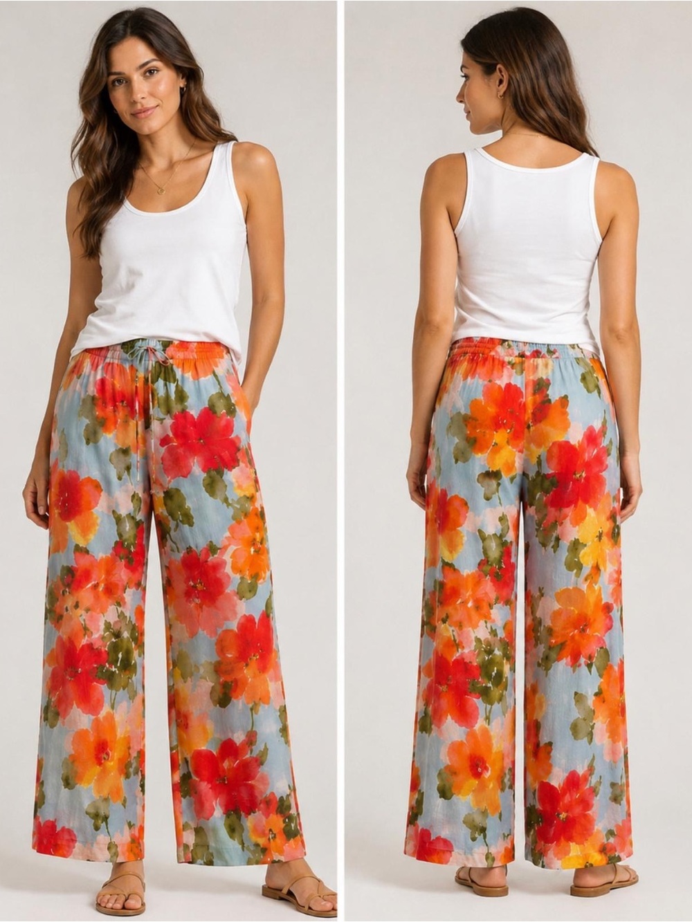 Joie Orange Floral Wide-Leg Pants on Light Blue